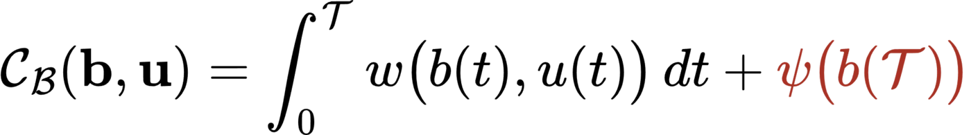 Belief-space objective combining running cost and terminal belief cost